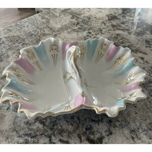 Antique KPM Divided Pink Blue Oyster Handle Dish READ